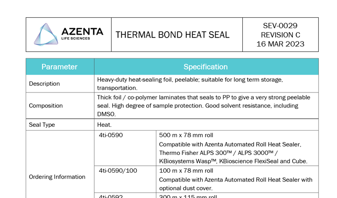 Thermal Bond Heat Seal Data Sheet