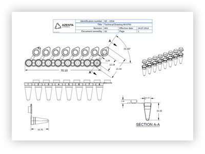 8 Well PCR Tube Strip, Low Profile, With Attached Flat Caps Technical Drawing