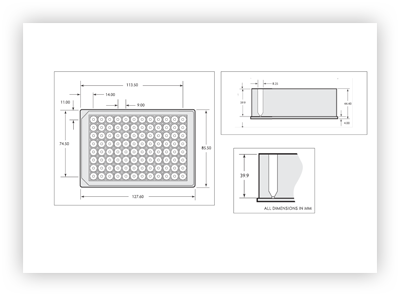 96 Square Deep Well Storage Microplate (2.2ml, V-Shaped) Technical Drawing